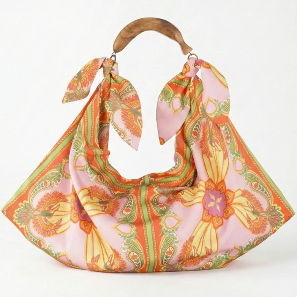 Street Level Pink Orange Green Paisley Shoulder Bag with Wooden Handle